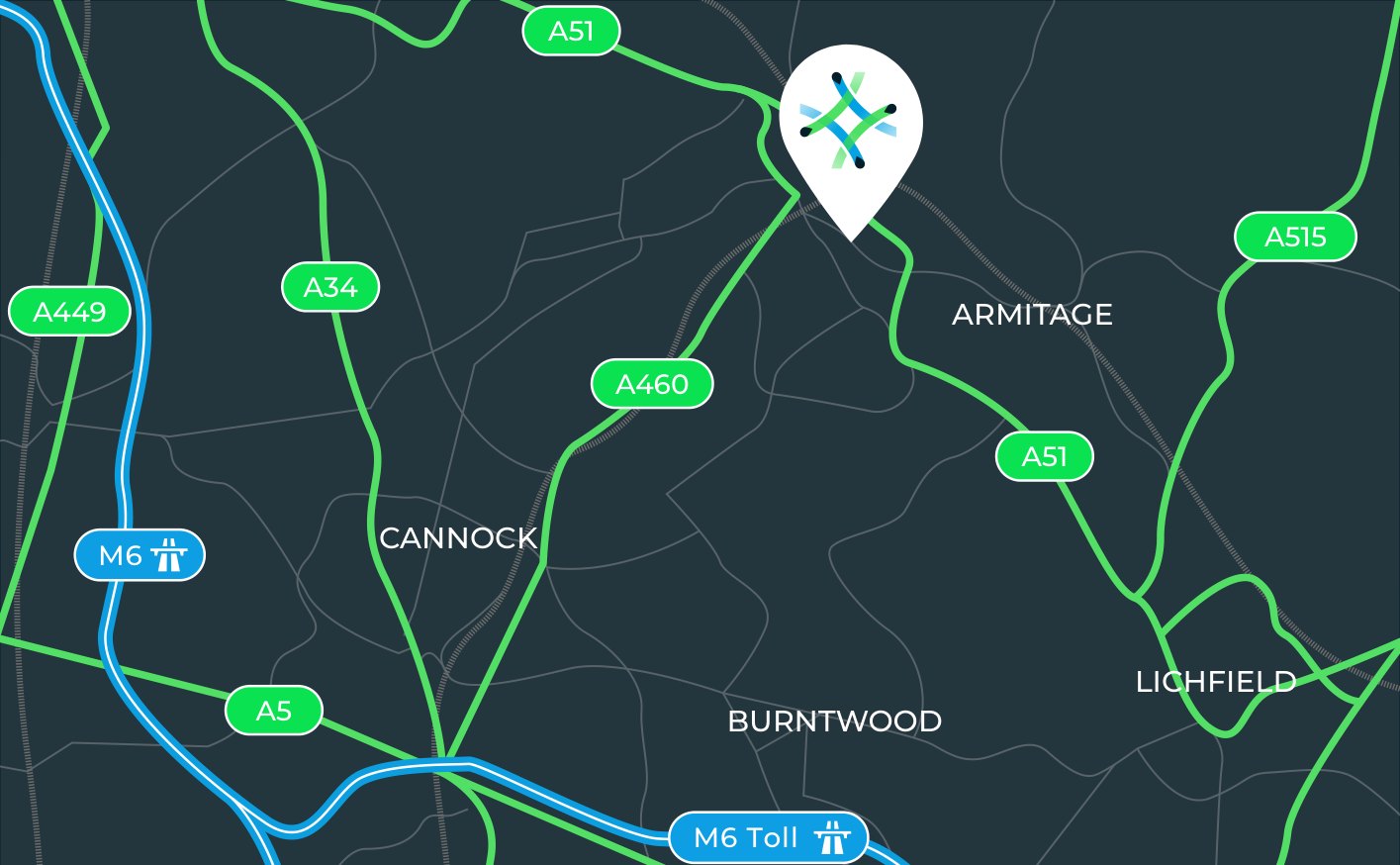 Location map showing Rugeley 707 off the A51 near Armitage, with the A34, A460, A5, M6 and M6 Toll